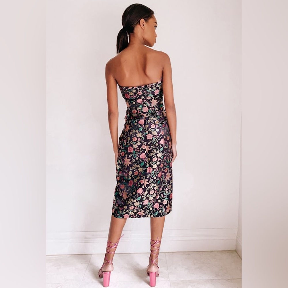 Lulu's Floral Strapless Midi Dress - Black and Pink - Picture 3 of 11